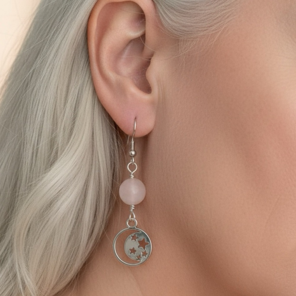 TERRA GEMMS Studio Series Rose Quartz Gemstone Celestial Drop Earrings